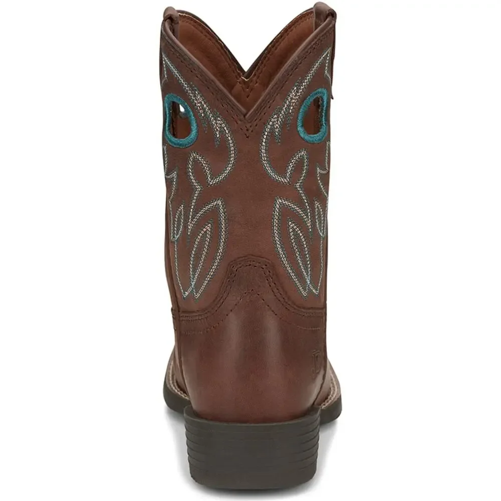 JUSTIN BOYS' BOWLINE JUNIOR WESTERN BOOT BROAD SQUARE TOE - CHOCOLATE/TURQUOISE
